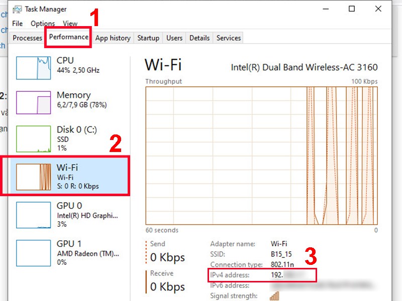 Tại phần Performance, chọn Wifi hoặc Ethernet (mạng dây) và xem IP tại IPv4 Address