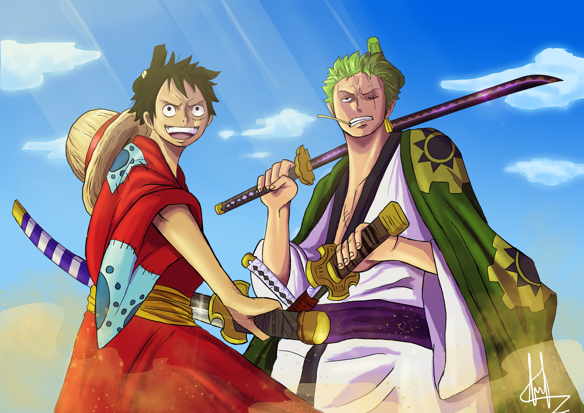 Hình ảnh Luffy và Zoro cầm kiếm